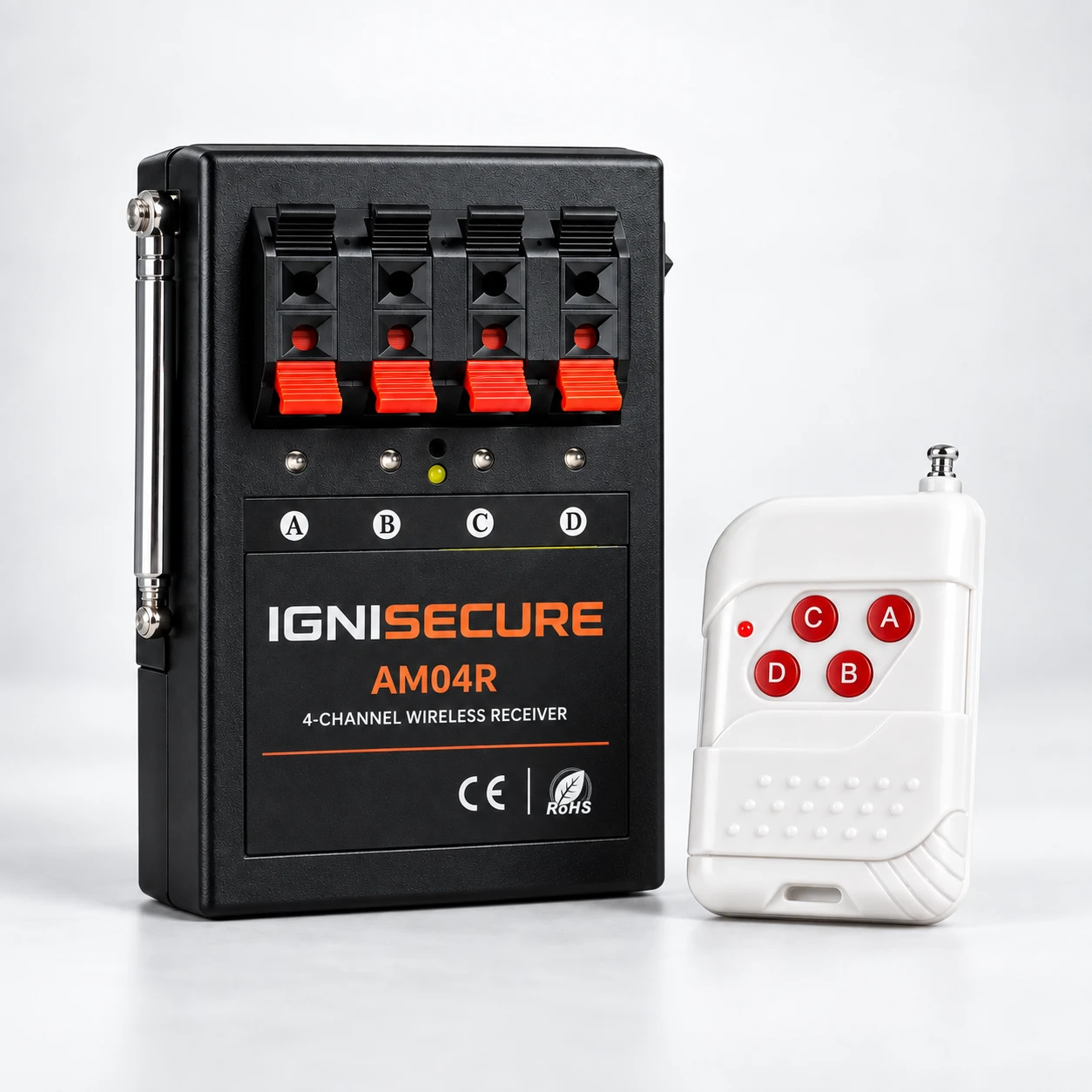 Recetor IgniSecure AM04R de 4 canais com comando wireless de 4 botões