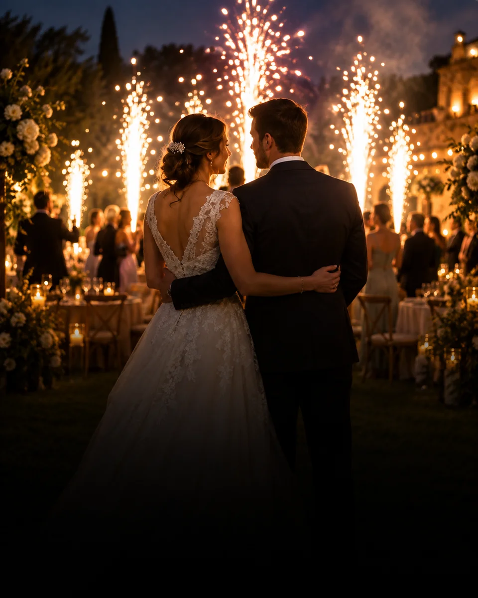 Casal num casamento ao ar livre com efeitos luminosos ao fundo.