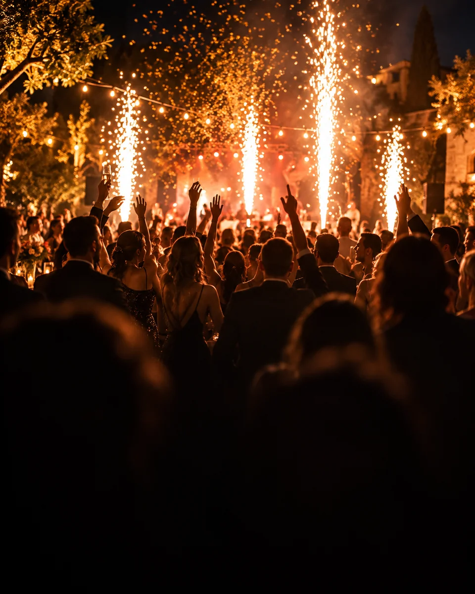 Público numa celebração noturna com efeitos luminosos.