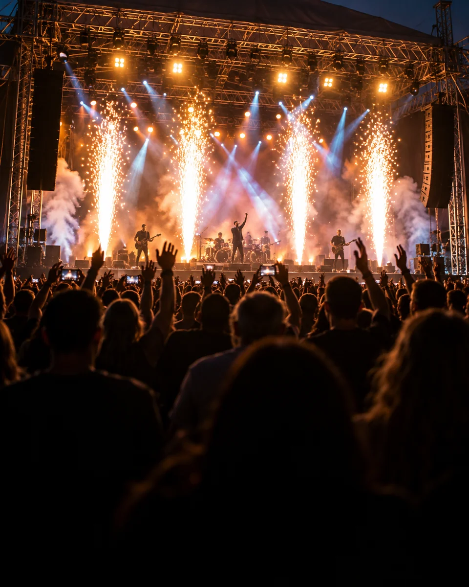 Palco de um espetáculo com músicos e efeitos luminosos.