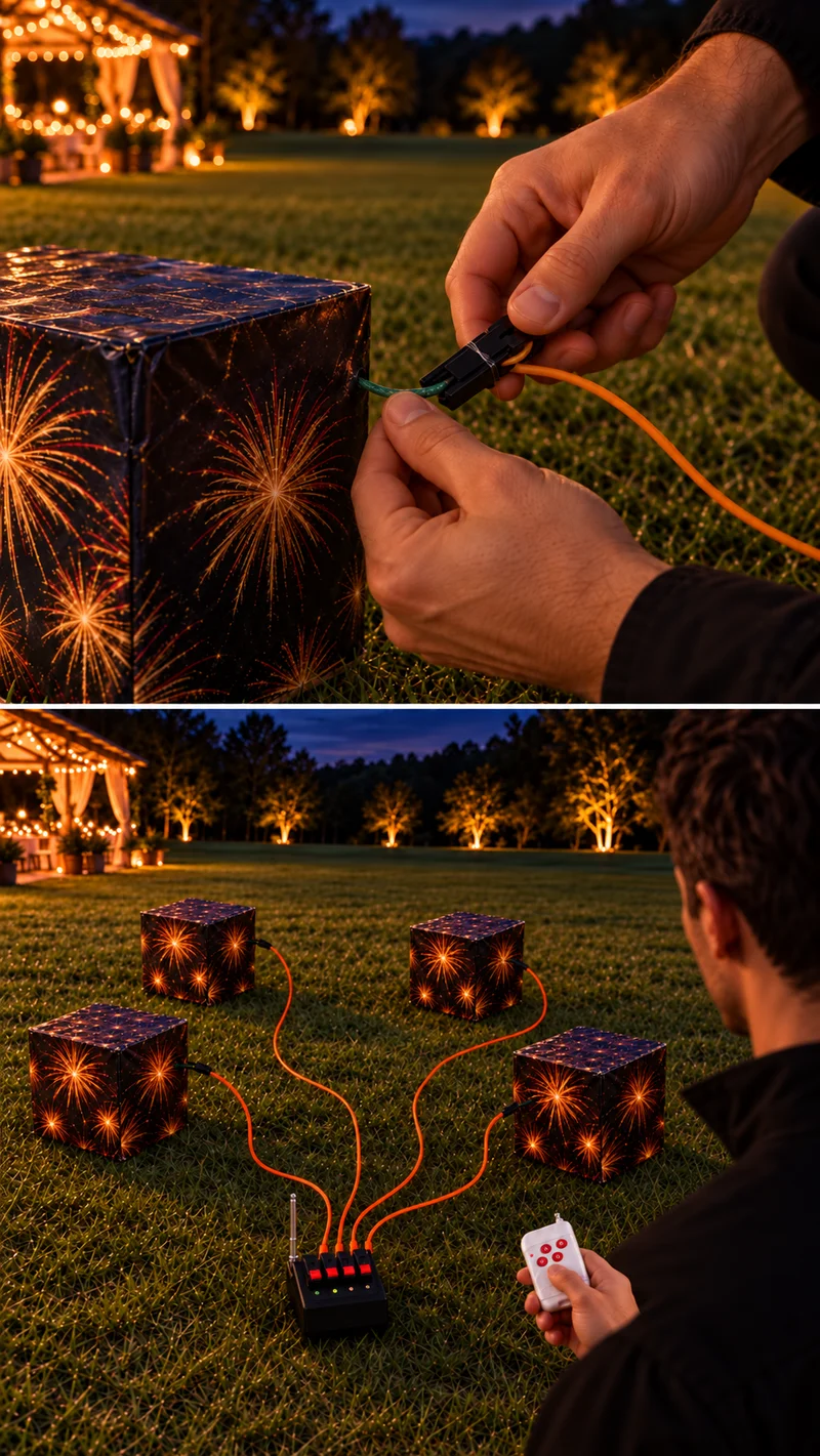 Composição com detalhe da ligação e vista geral de quatro caixas de fogo de artifício.